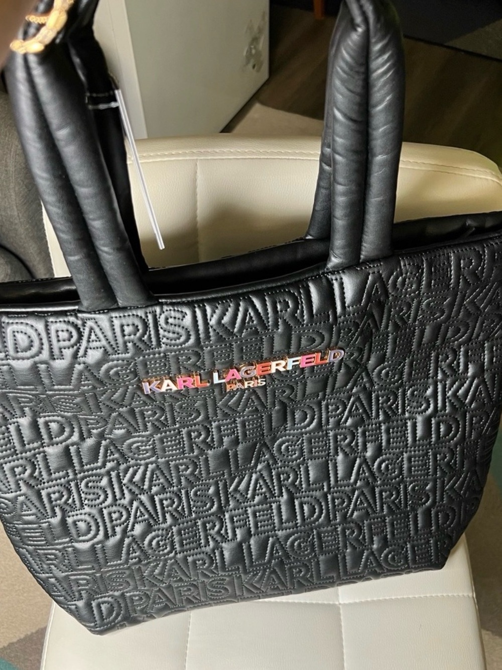 Karl Lagerfeld Black Quilted Logo-Embossed Tote with Metallic Lettering